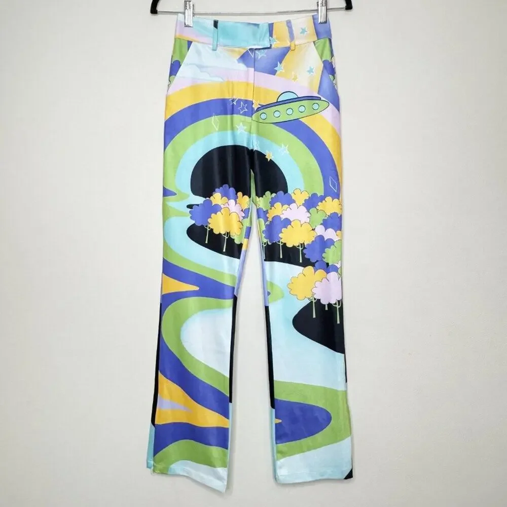 House of Sunny Nice to Meet You Pant Multicolor UFO Print Trousers Size US 2 NWT - Picture 4 of 16